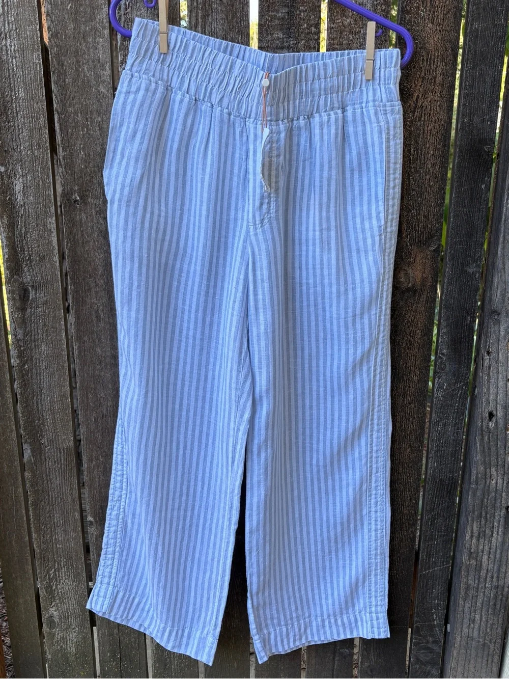 Quince 100% European Linen Wide Leg Pants NWT in Sky Blue Mariner Stripe Sz M
